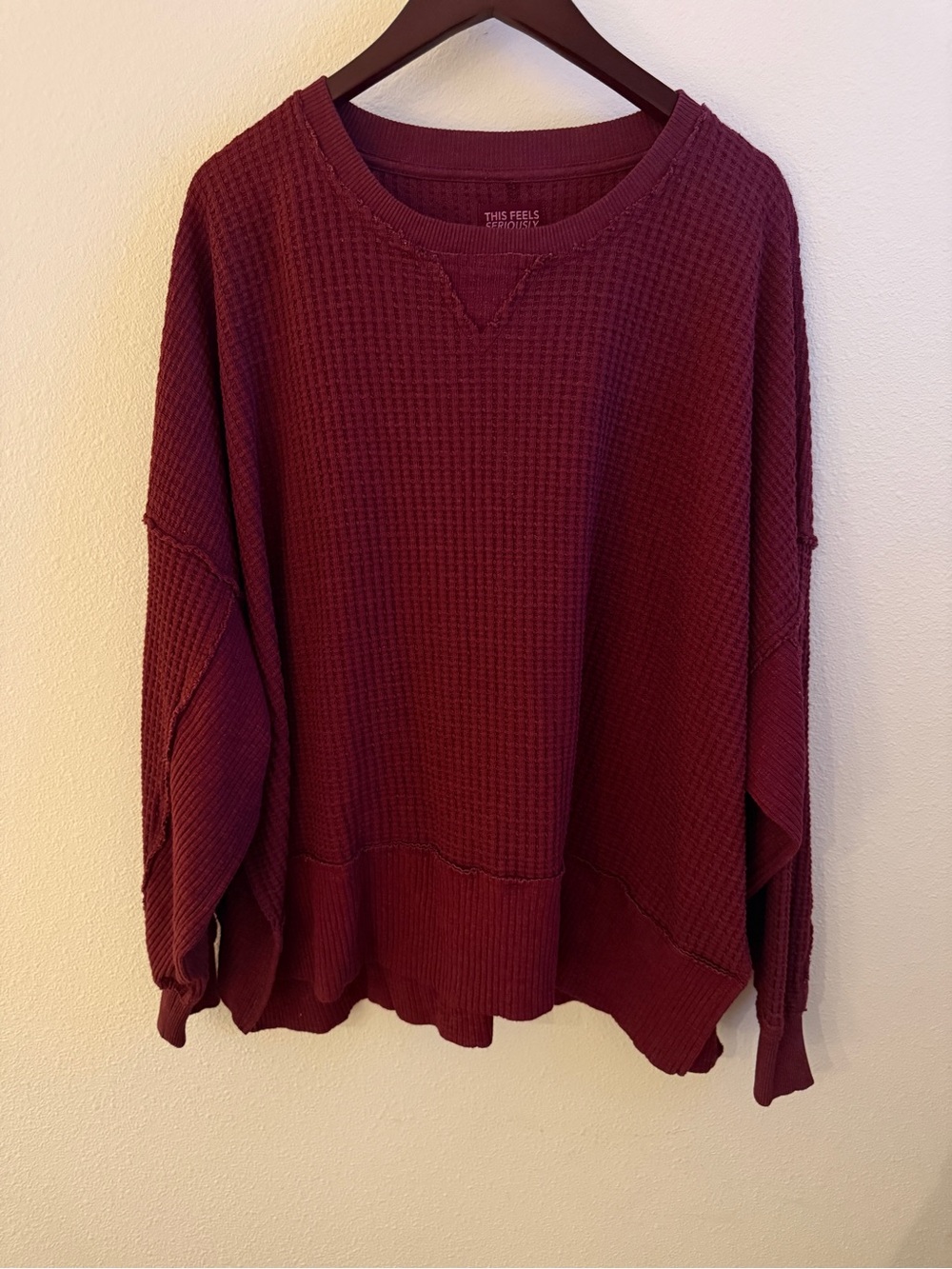 American Eagle Lived In Burgundy Oversized Waffle Knit Sweatshirt M Boho